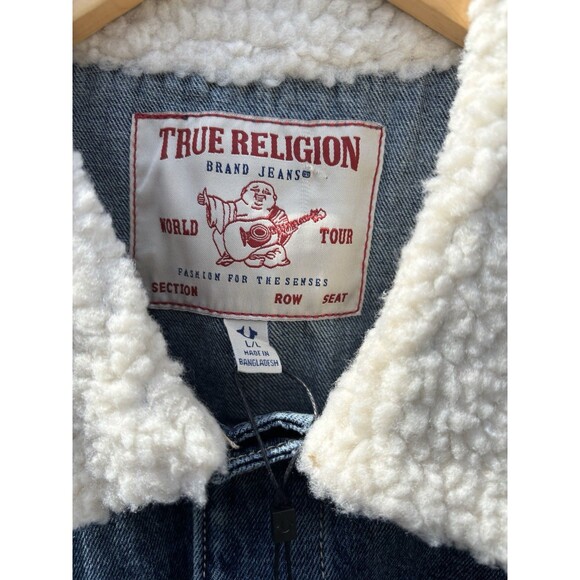 True Religion Sherpa Collar Denim Blizzard Wash  Western Trucker Jacket Large - Picture 3 of 8